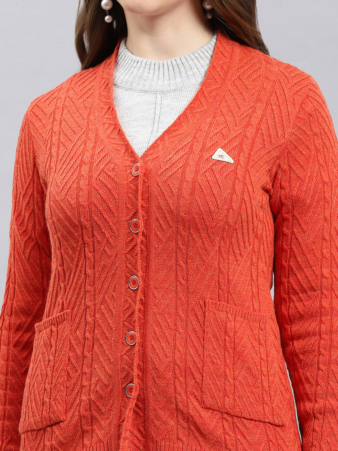 Women Orange Self Design V Neck Full Sleeve Cardigan