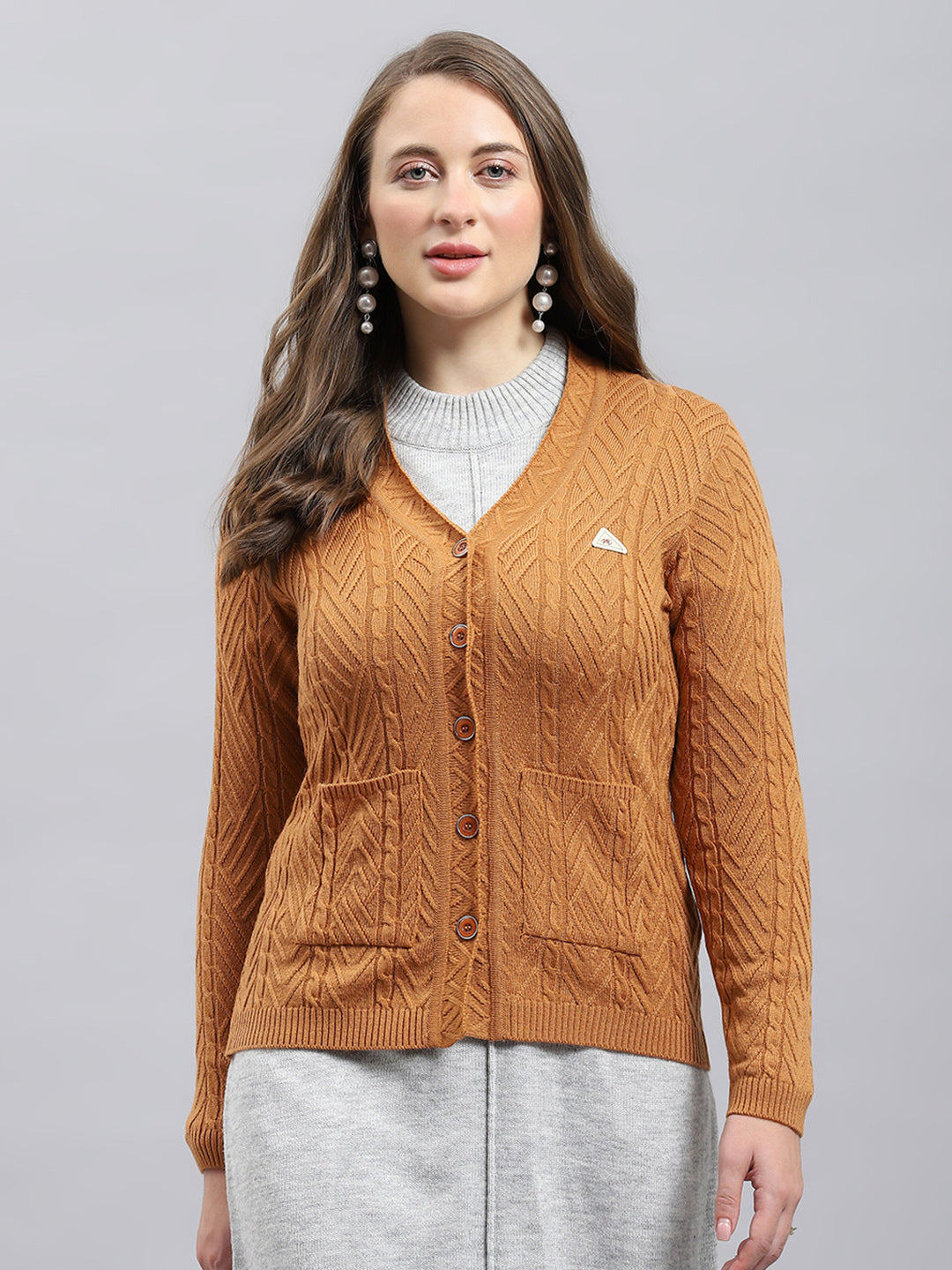 Women Camel Brown Self Design V Neck Full Sleeve Cardigan