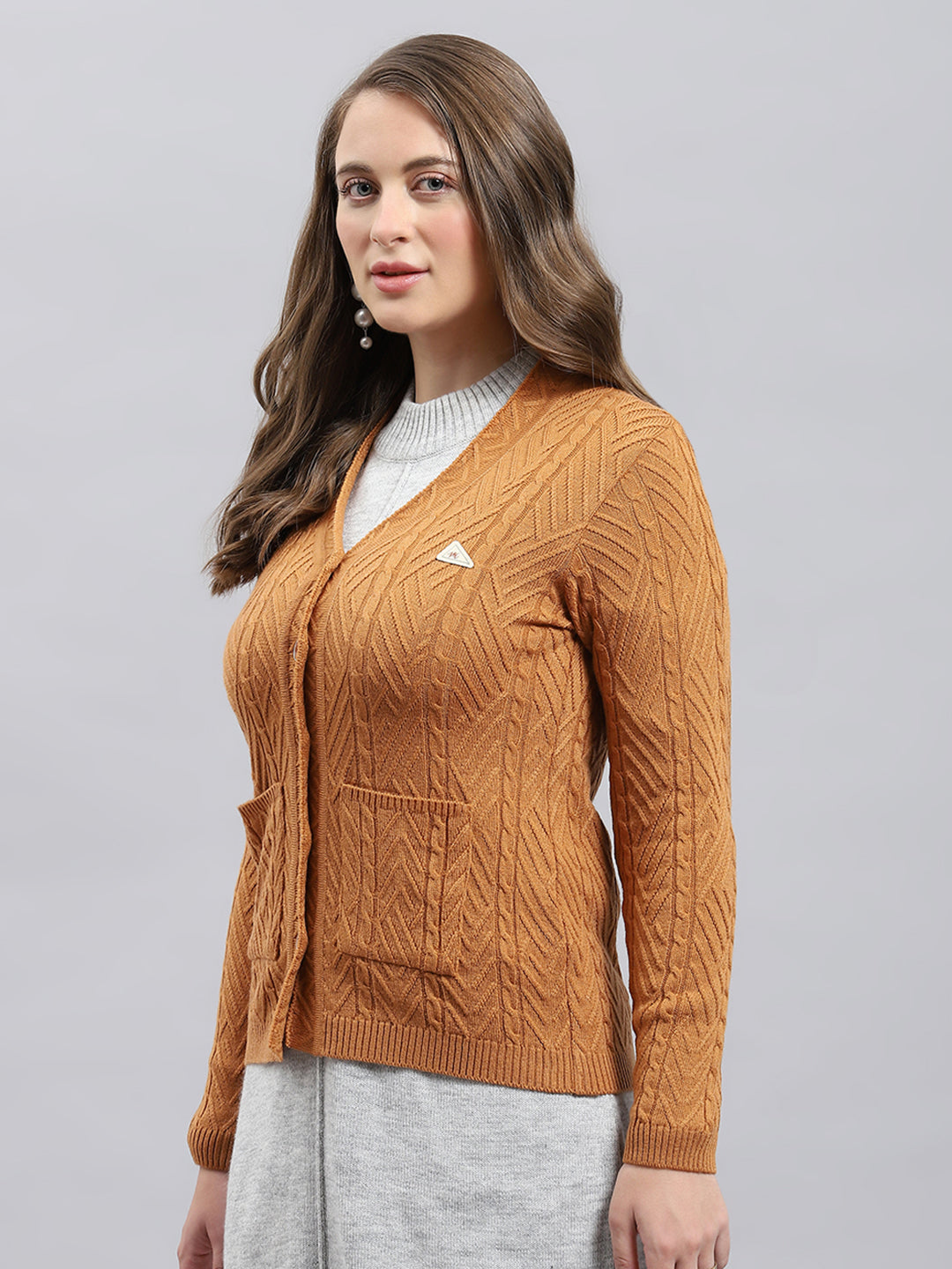 Women Camel Brown Self Design V Neck Full Sleeve Cardigan