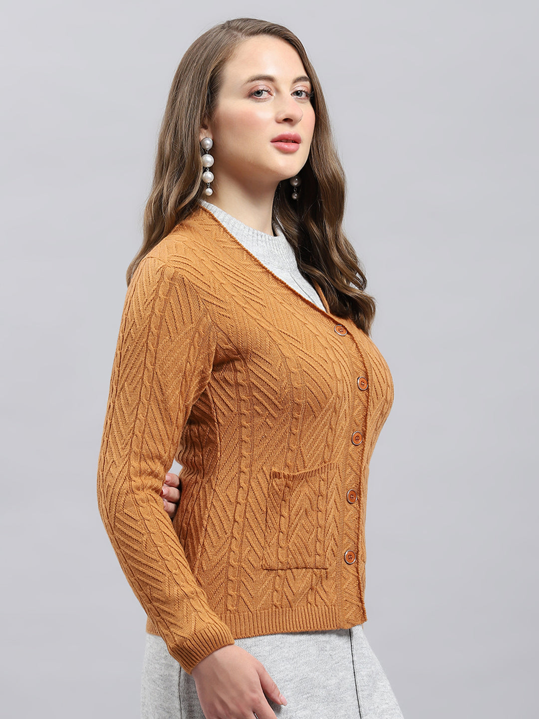Women Camel Brown Self Design V Neck Full Sleeve Cardigan