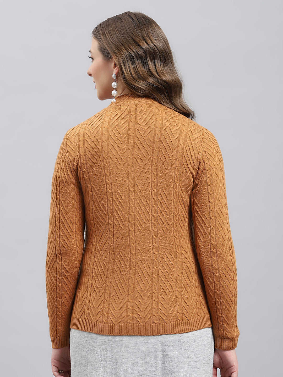 Women Camel Brown Self Design V Neck Full Sleeve Cardigan