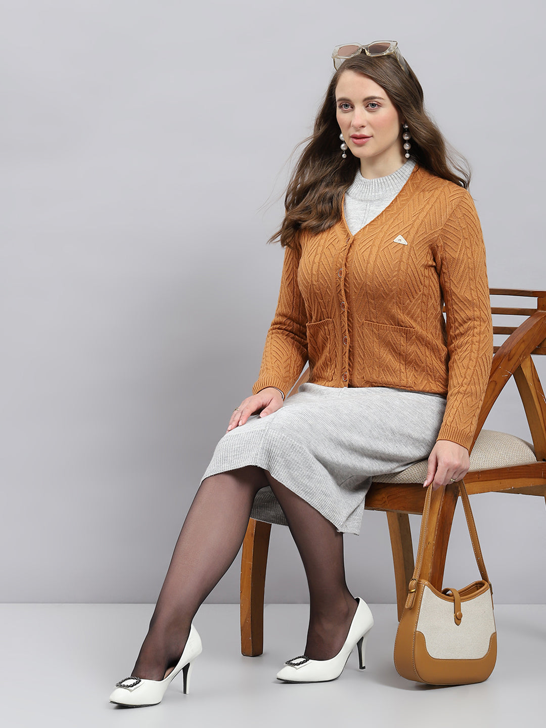 Women Camel Brown Self Design V Neck Full Sleeve Cardigan