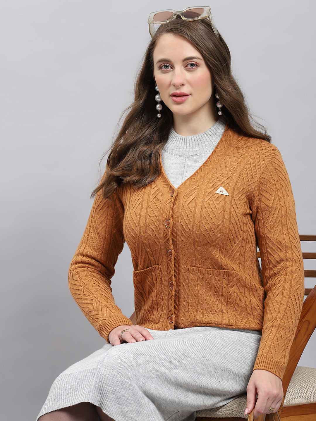 Women Camel Brown Self Design V Neck Full Sleeve Cardigan