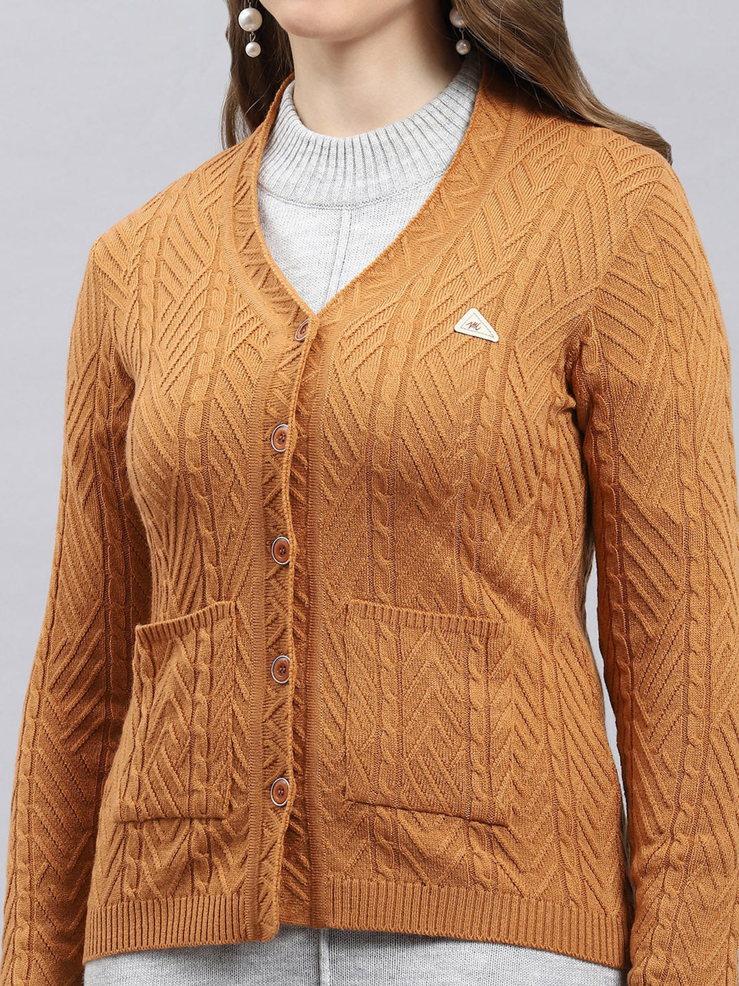Women Camel Brown Self Design V Neck Full Sleeve Cardigan