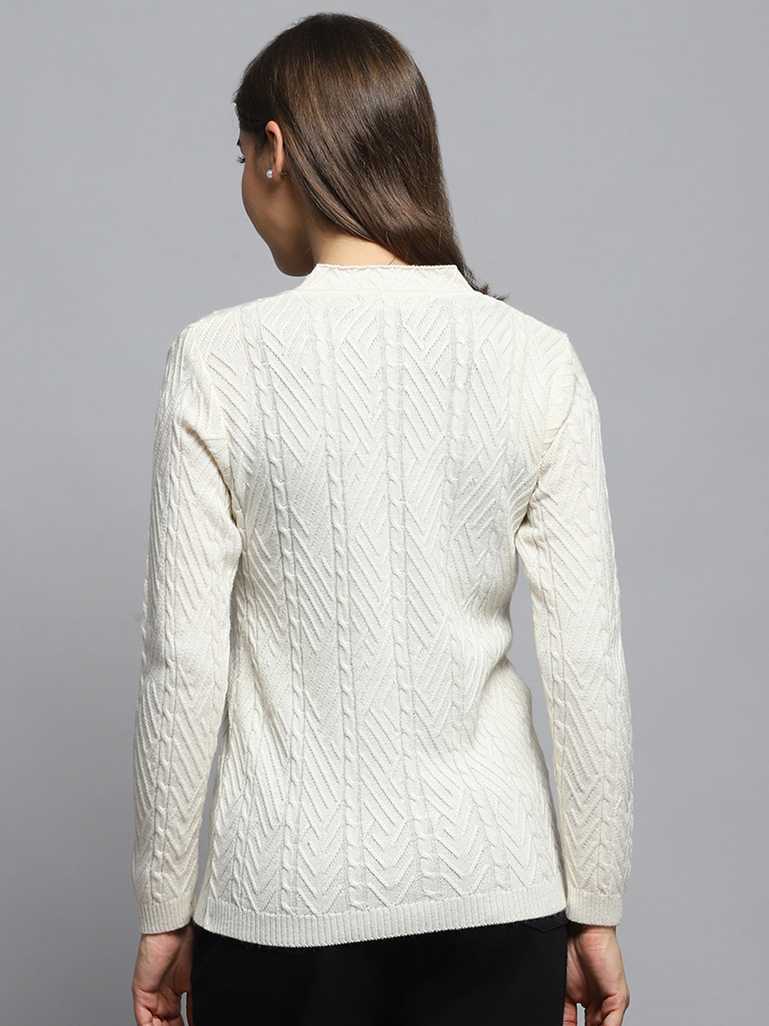 Women Off White Self Design V Neck Full Sleeve Cardigan