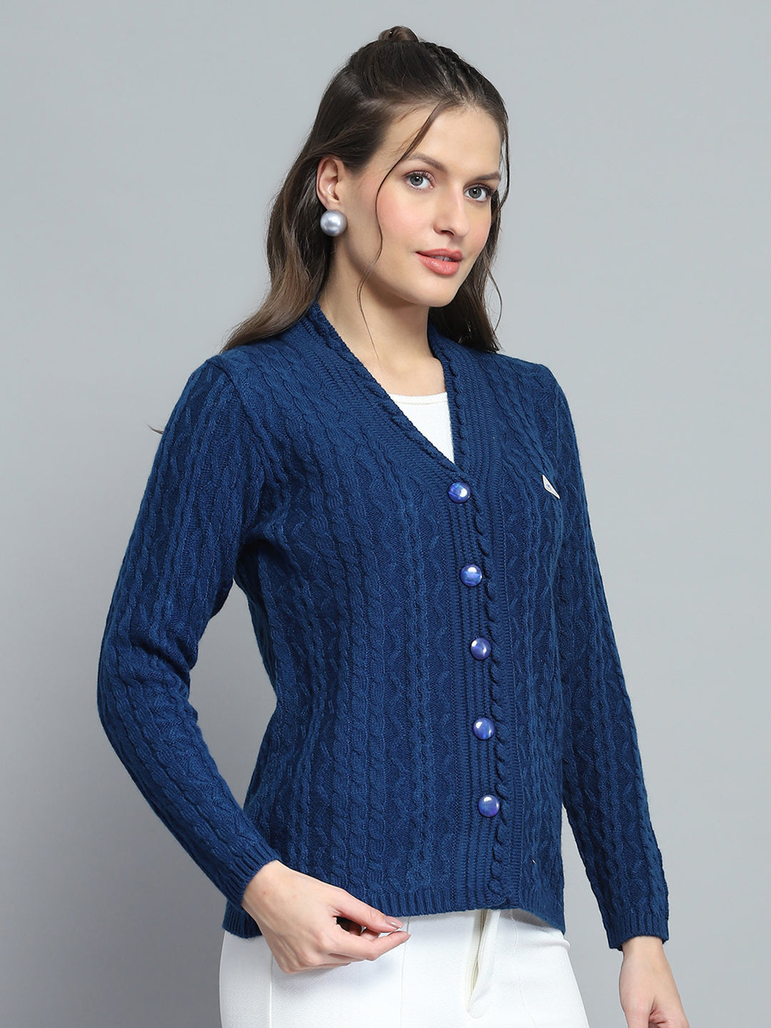 Women Blue Self Design V Neck Full Sleeve Cardigan