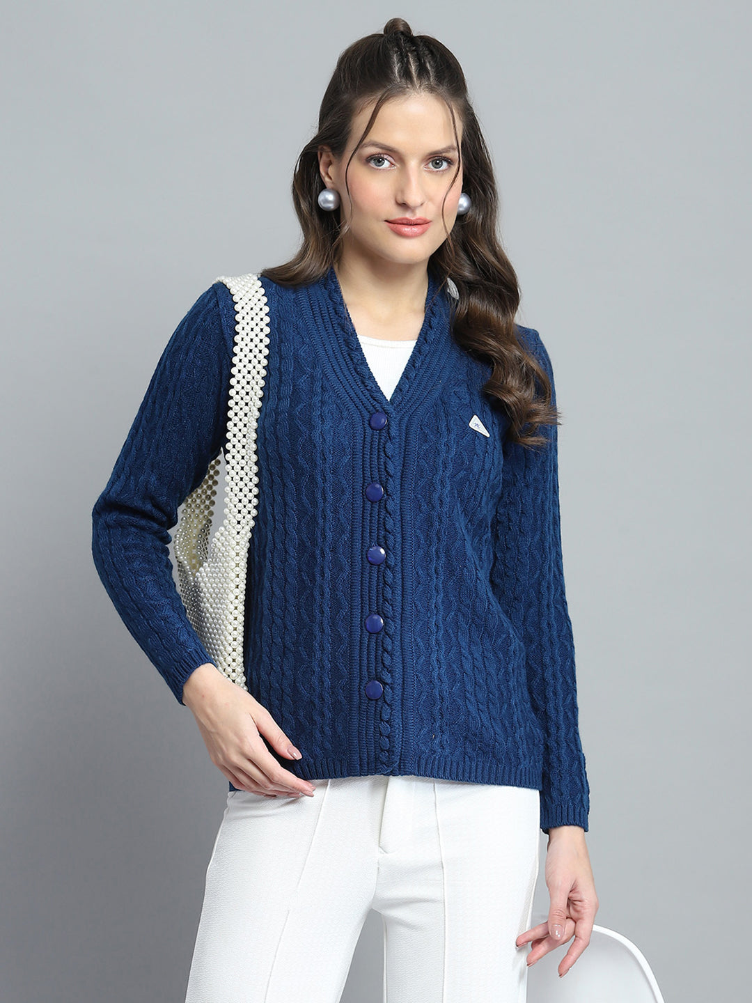 Women Blue Self Design V Neck Full Sleeve Cardigan