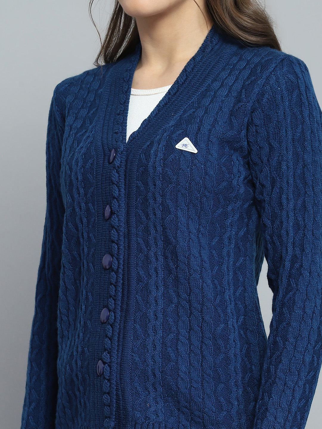 Women Blue Self Design V Neck Full Sleeve Cardigan