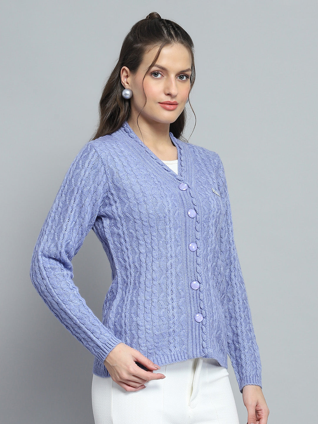 Women Purple Self Design V Neck Full Sleeve Cardigan