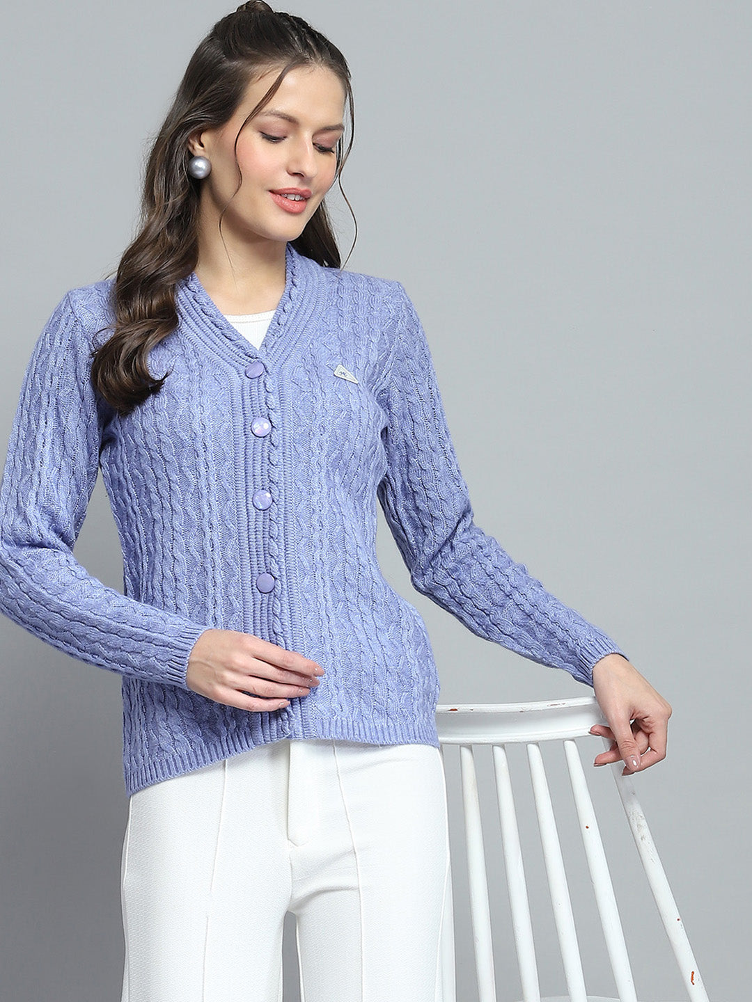 Women Purple Self Design V Neck Full Sleeve Cardigan