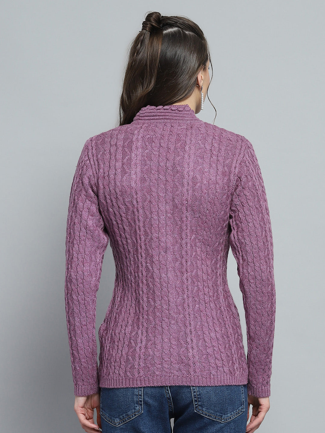 Women Purple Self Design V Neck Full Sleeve Cardigan