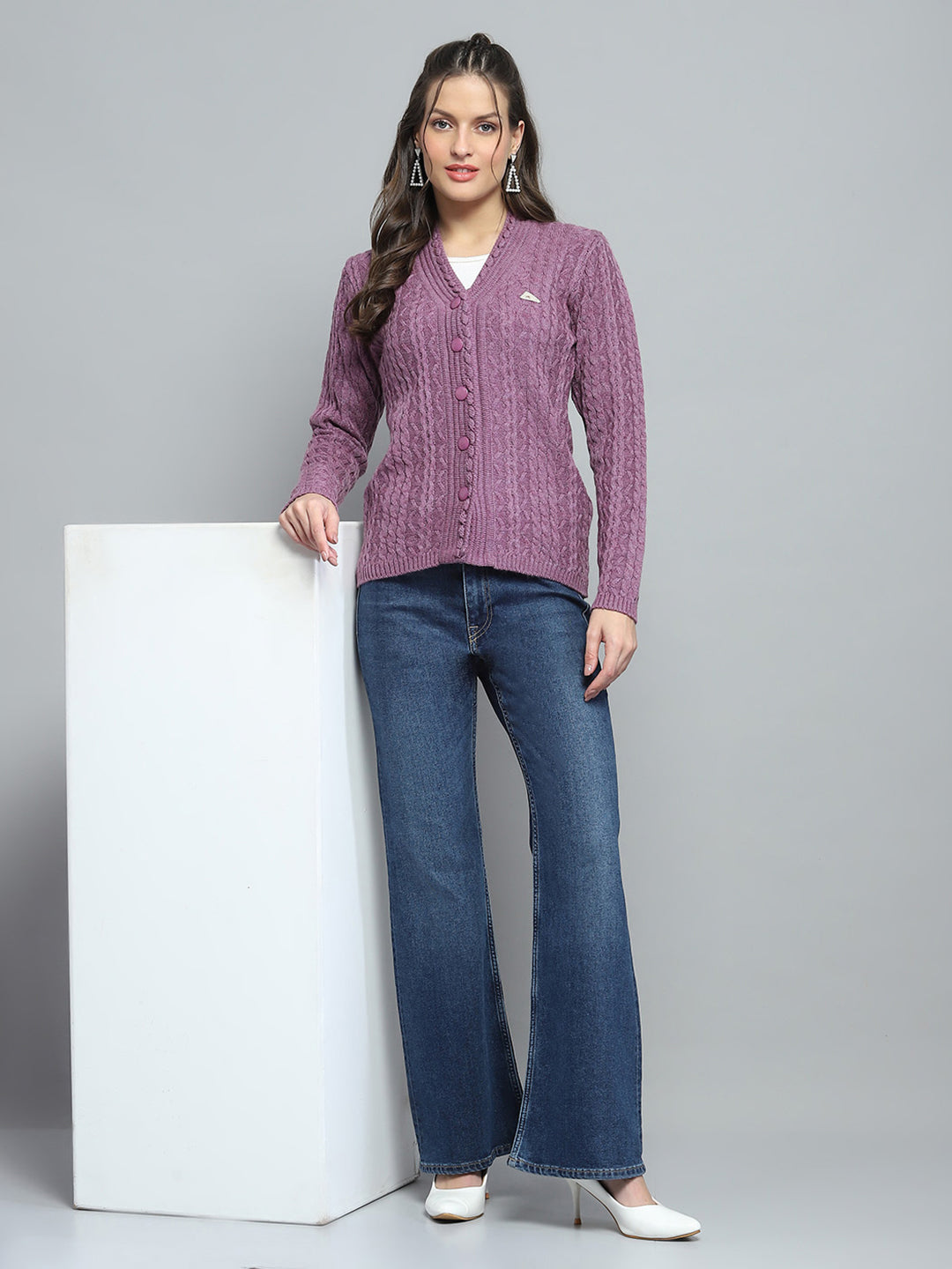 Women Purple Self Design V Neck Full Sleeve Cardigan