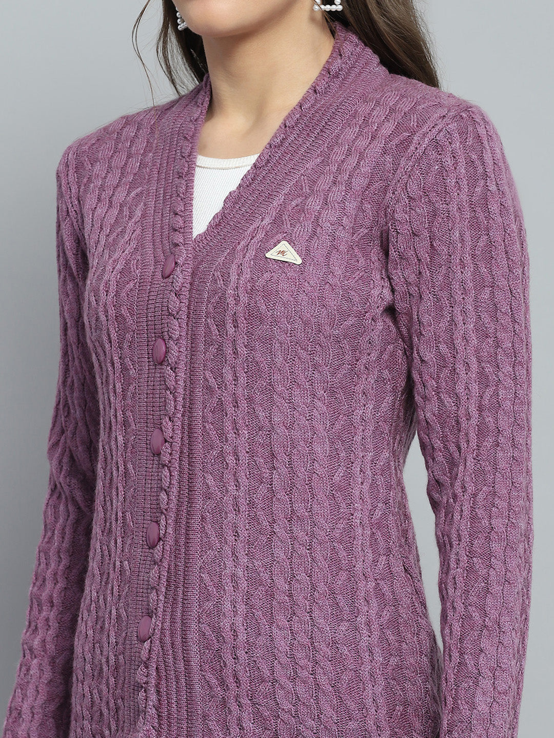 Women Purple Self Design V Neck Full Sleeve Cardigan