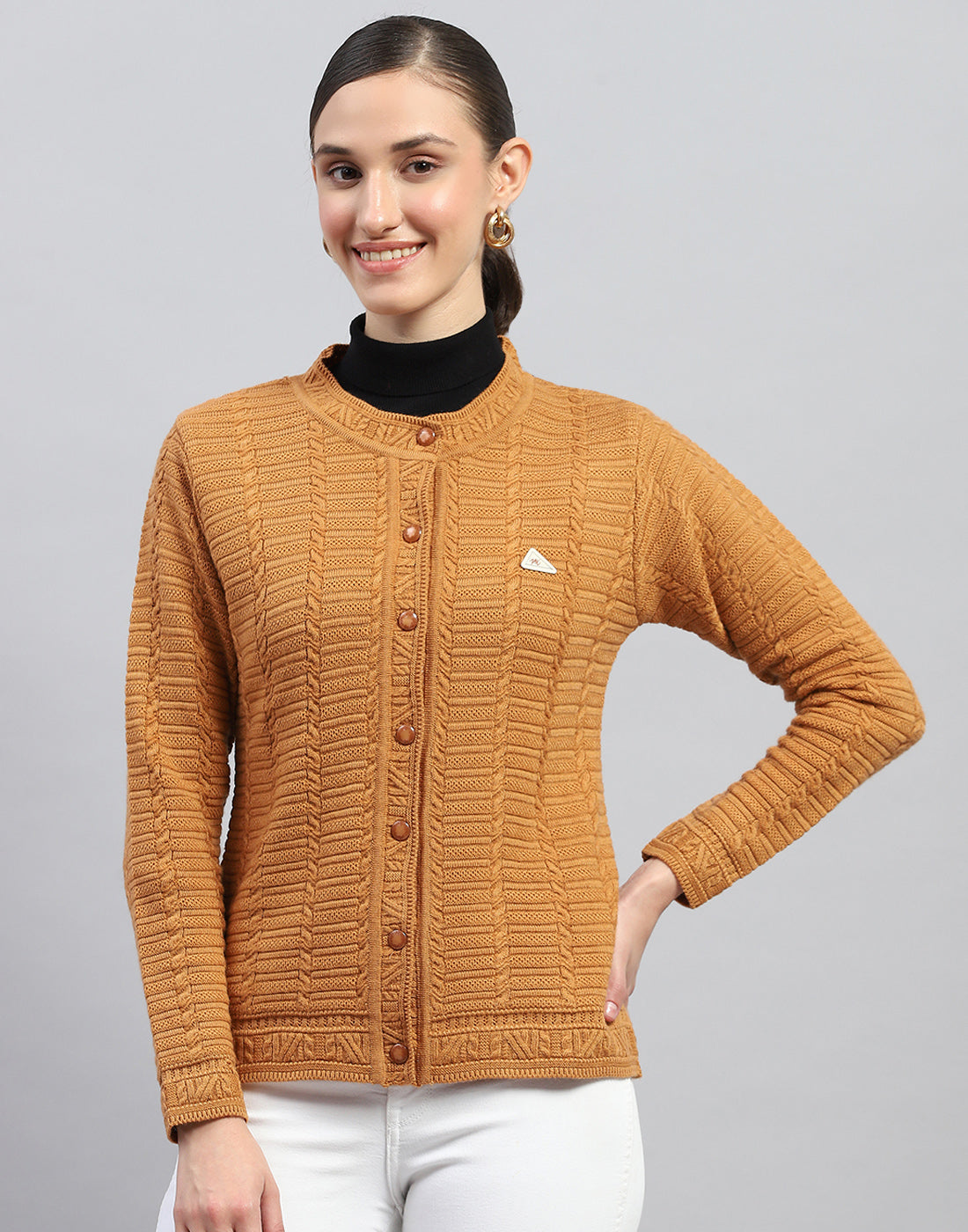 Women Mustard Self Design Round Neck Full Sleeve Cardigan