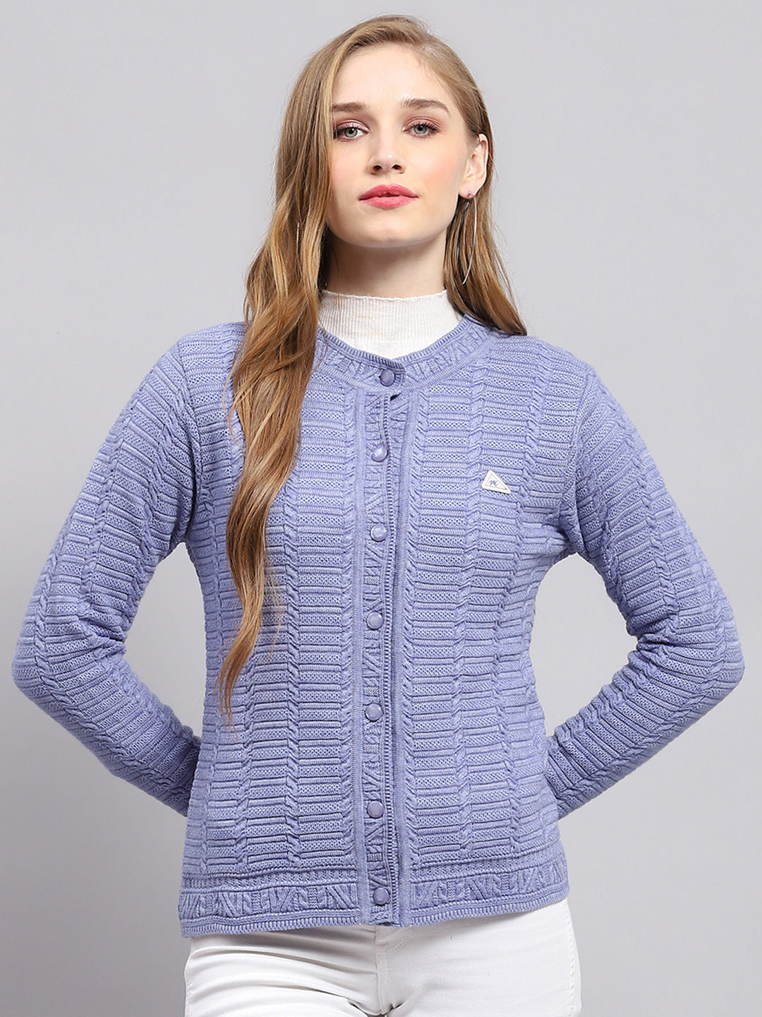 Women Purple Self Design Round Neck Full Sleeve Cardigan