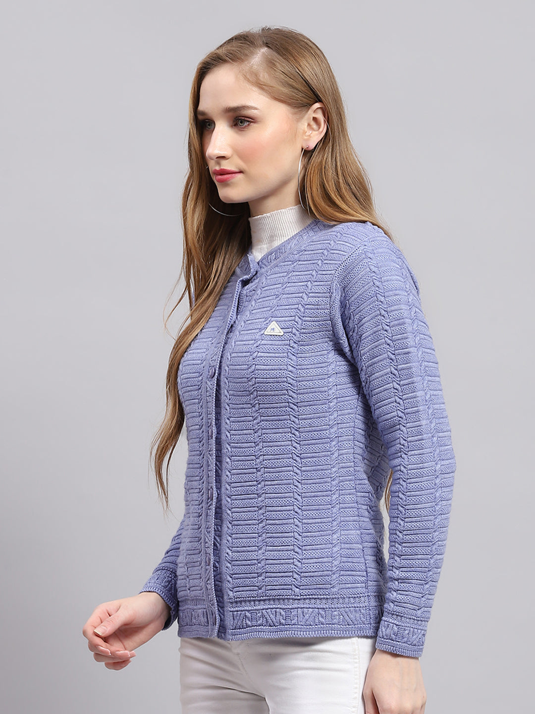 Women Purple Self Design Round Neck Full Sleeve Cardigan