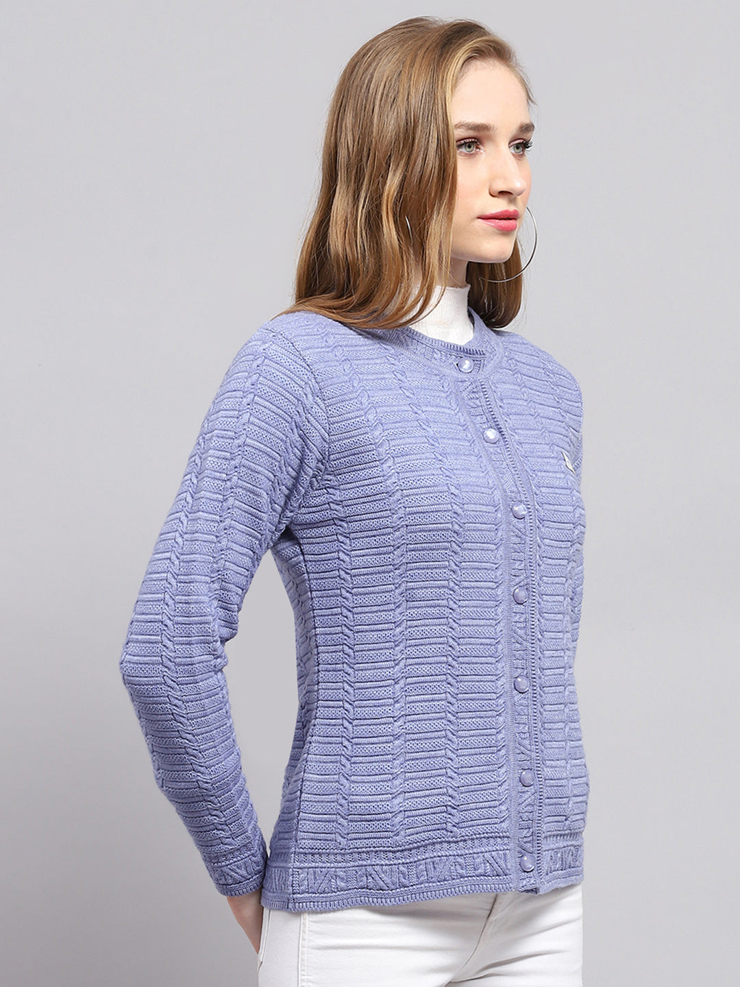 Women Purple Self Design Round Neck Full Sleeve Cardigan