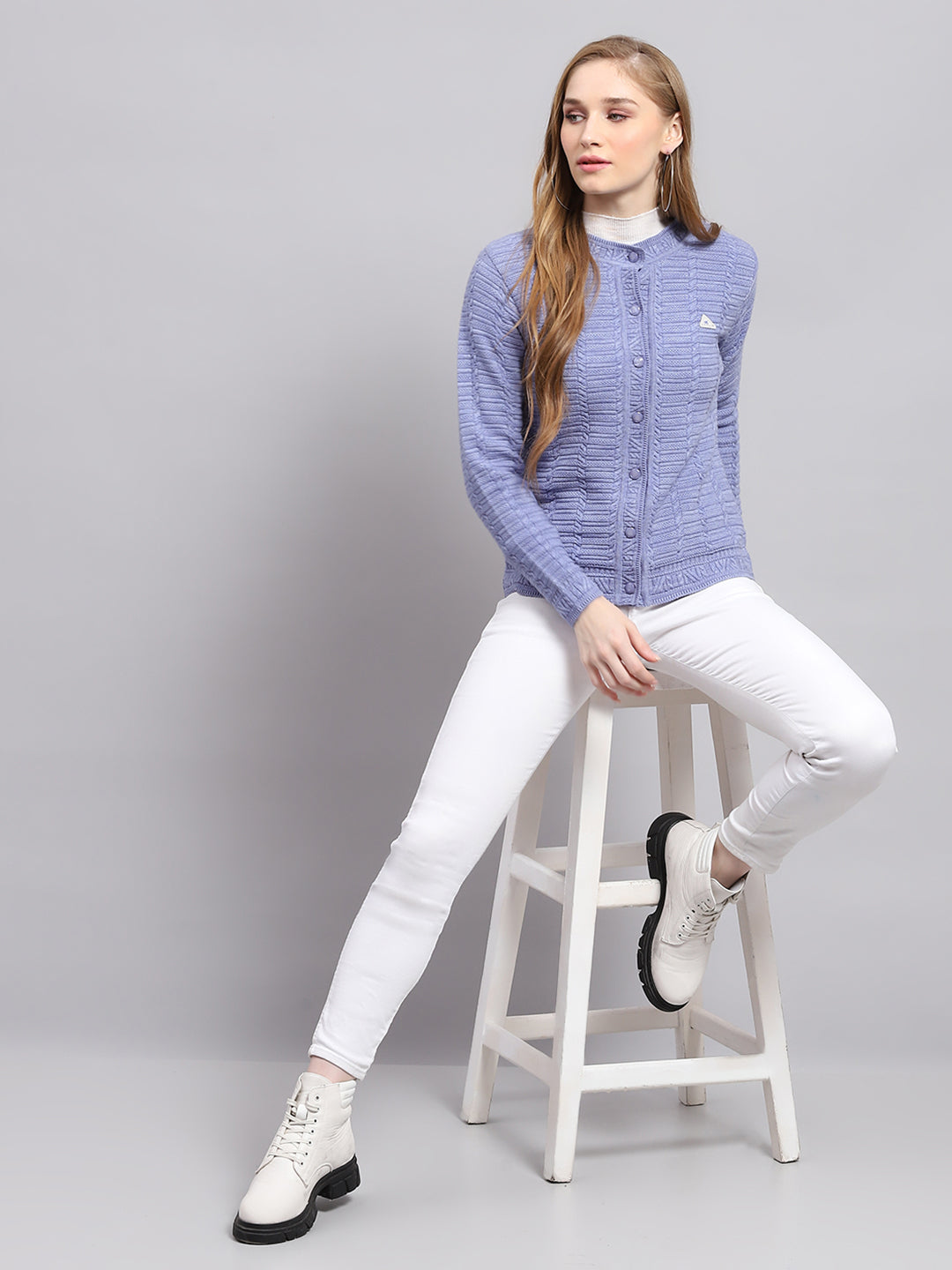 Women Purple Self Design Round Neck Full Sleeve Cardigan