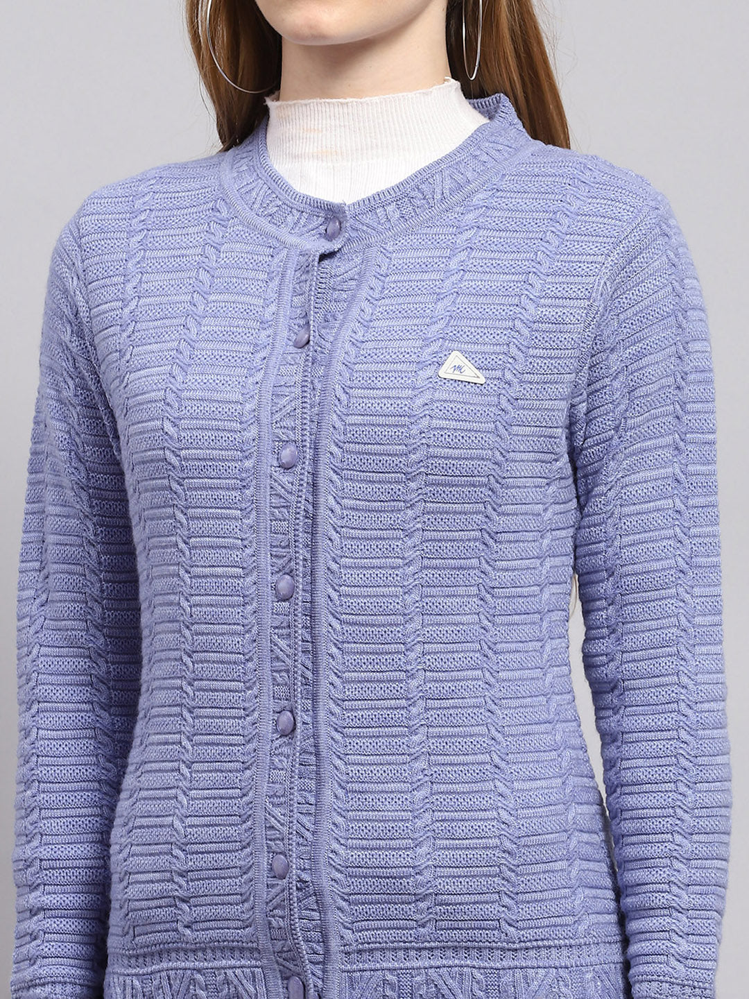 Women Purple Self Design Round Neck Full Sleeve Cardigan