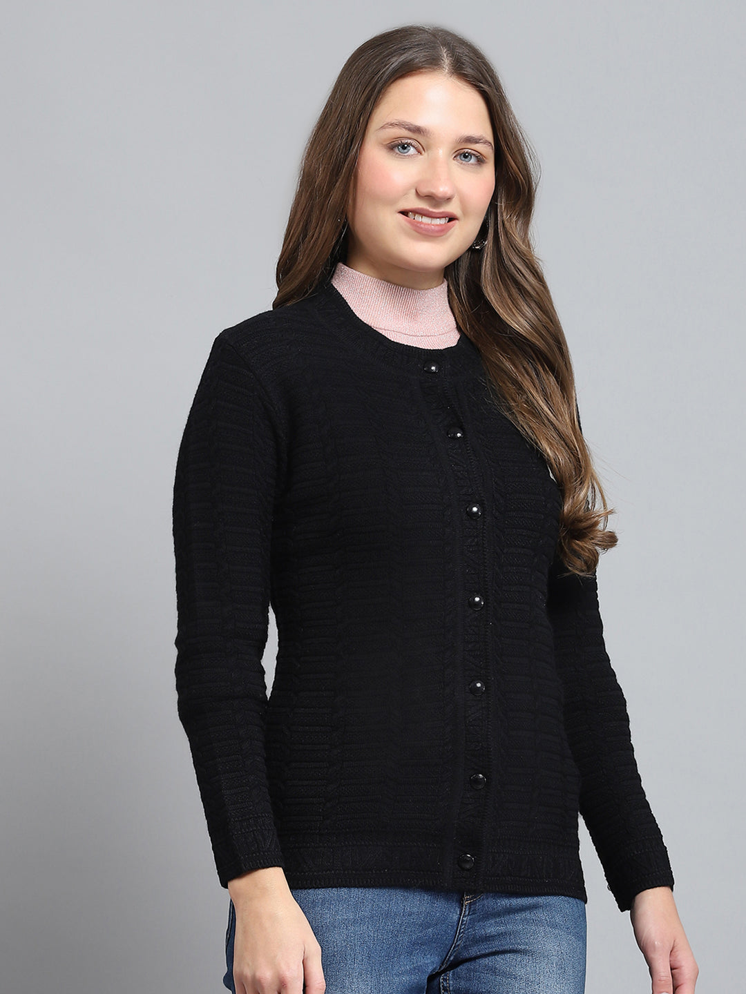 Women Black Self Design Round Neck Full Sleeve Cardigan