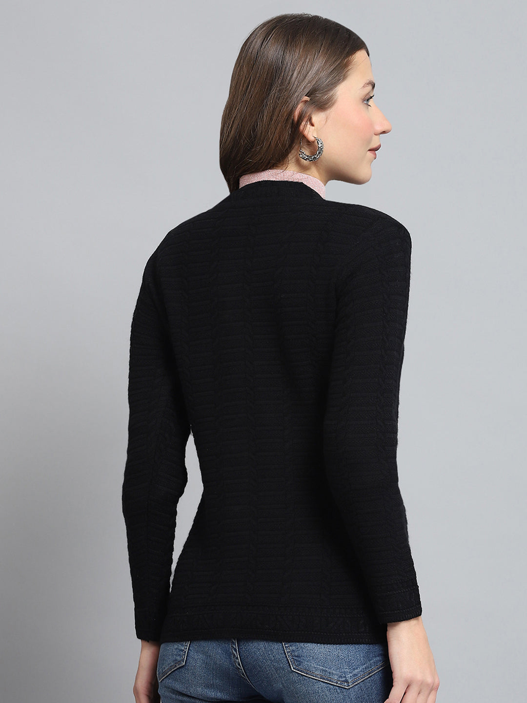 Women Black Self Design Round Neck Full Sleeve Cardigan