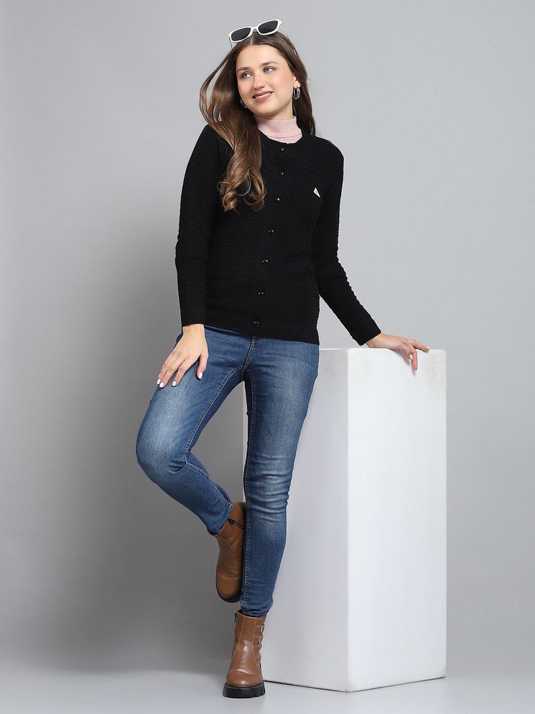 Women Black Self Design Round Neck Full Sleeve Cardigan