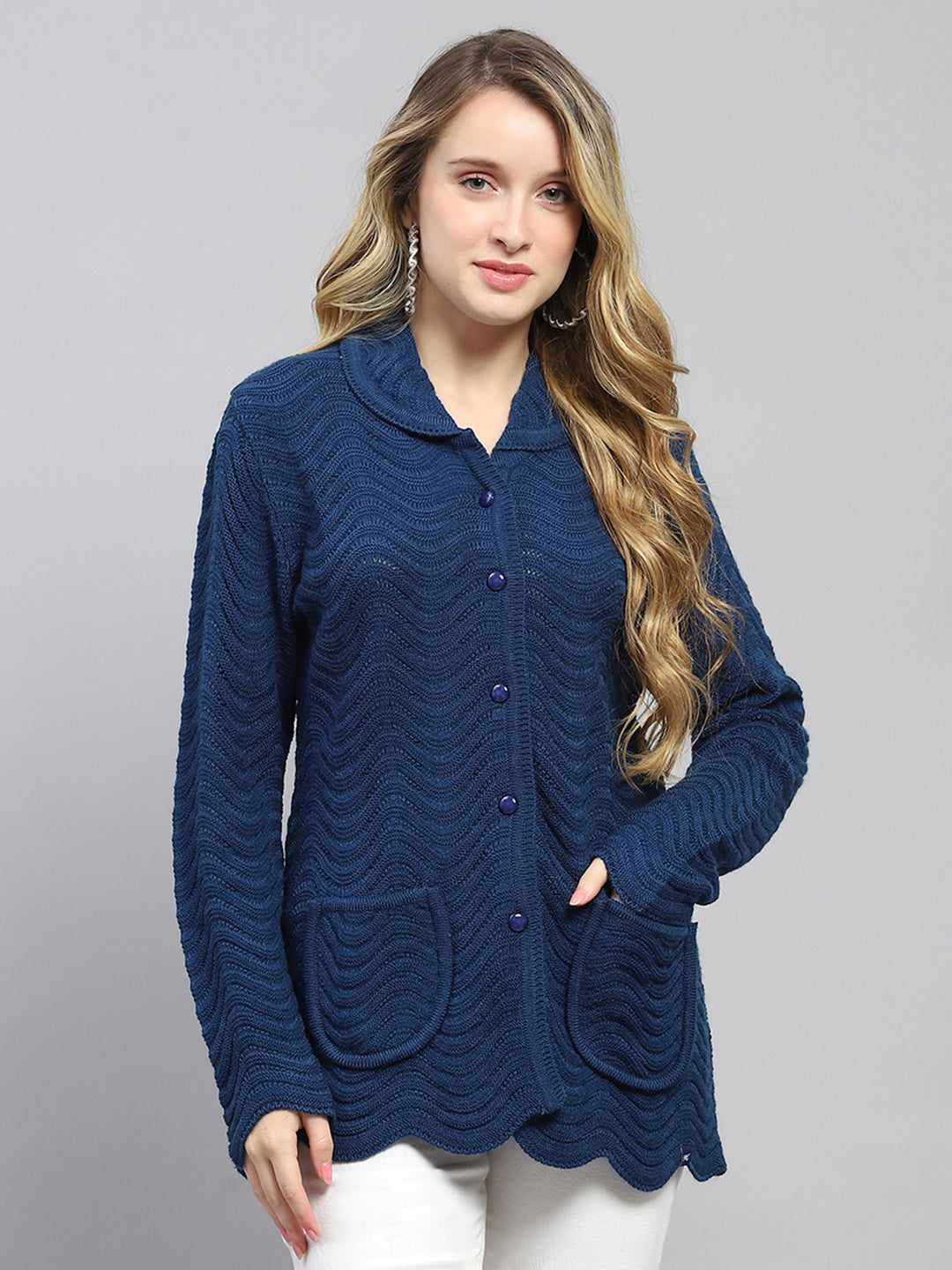 Women Blue Self Design Collar Full Sleeve Cardigan