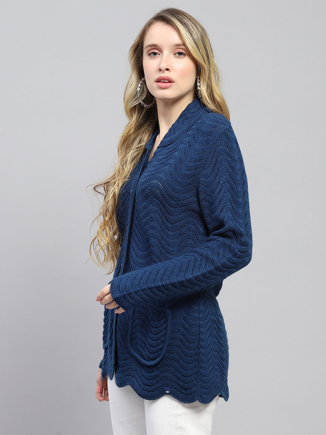 Women Blue Self Design Collar Full Sleeve Cardigan