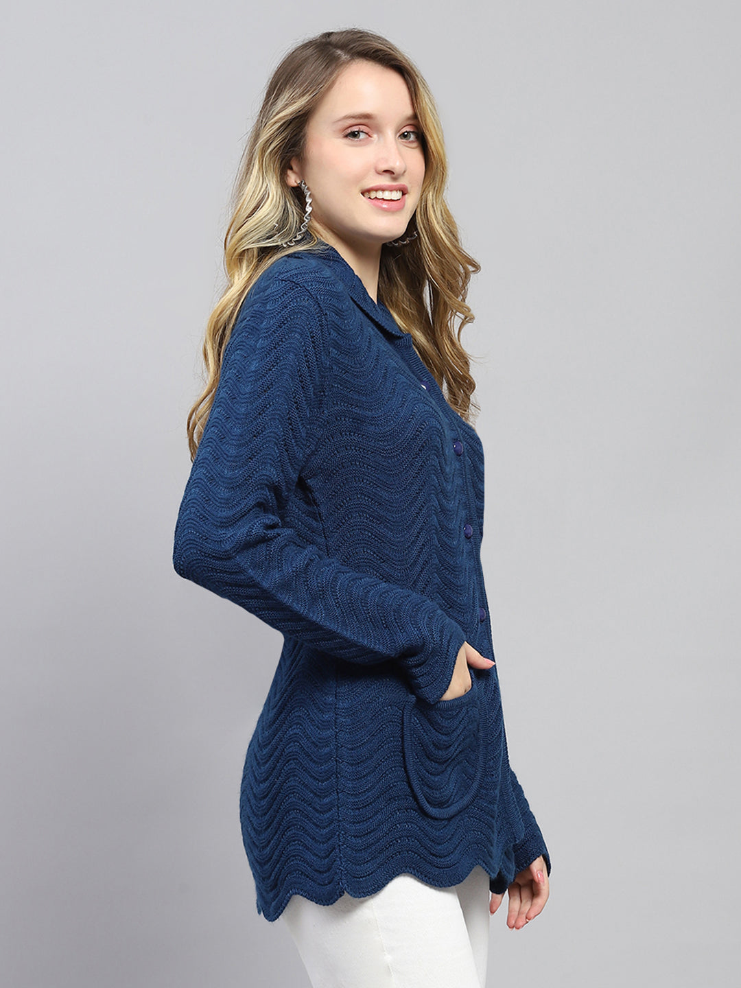 Women Blue Self Design Collar Full Sleeve Cardigan