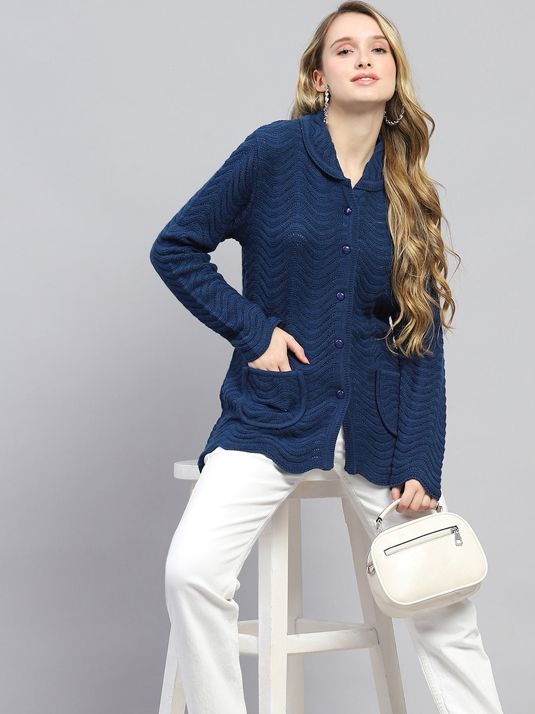 Women Blue Self Design Collar Full Sleeve Cardigan