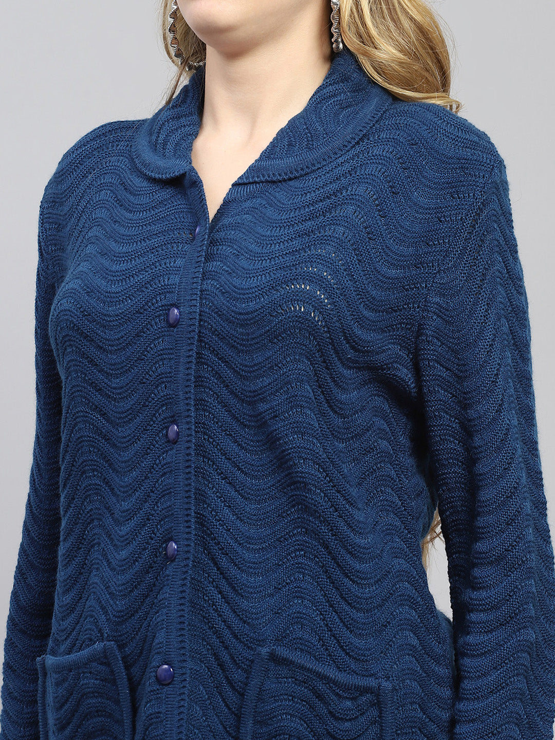 Women Blue Self Design Collar Full Sleeve Cardigan