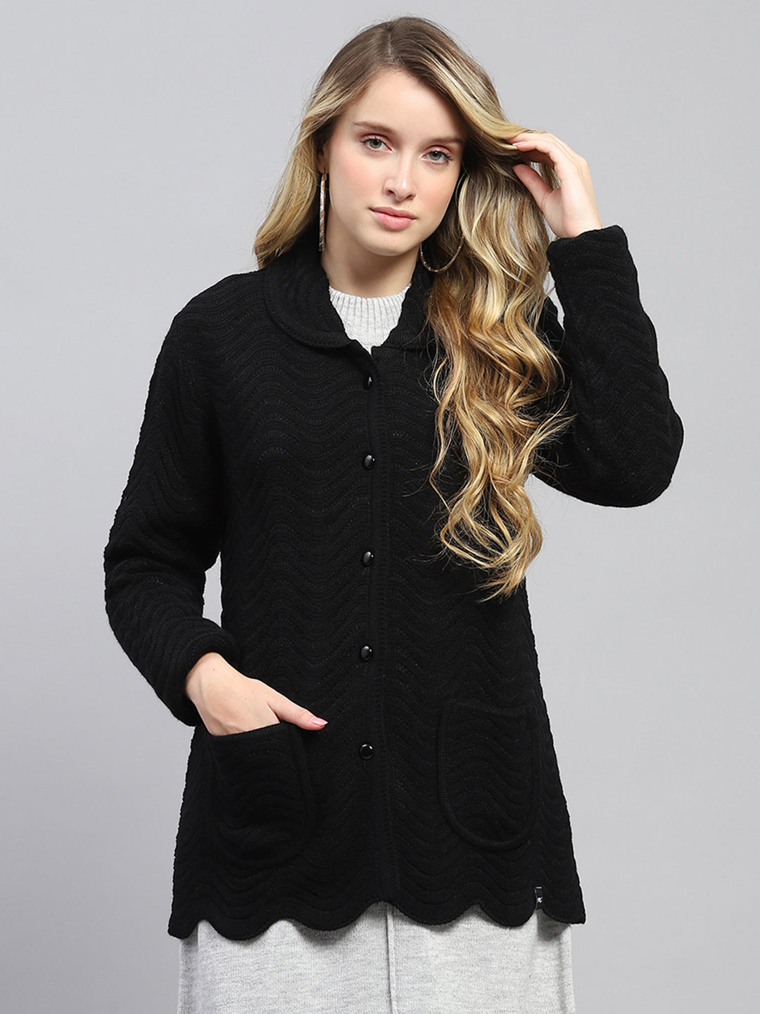 Women Black Self Design Collar Full Sleeve Cardigan