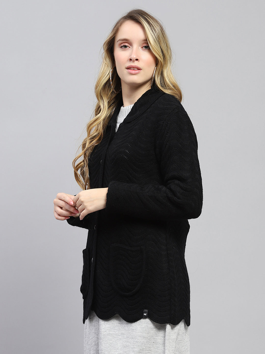 Women Black Self Design Collar Full Sleeve Cardigan