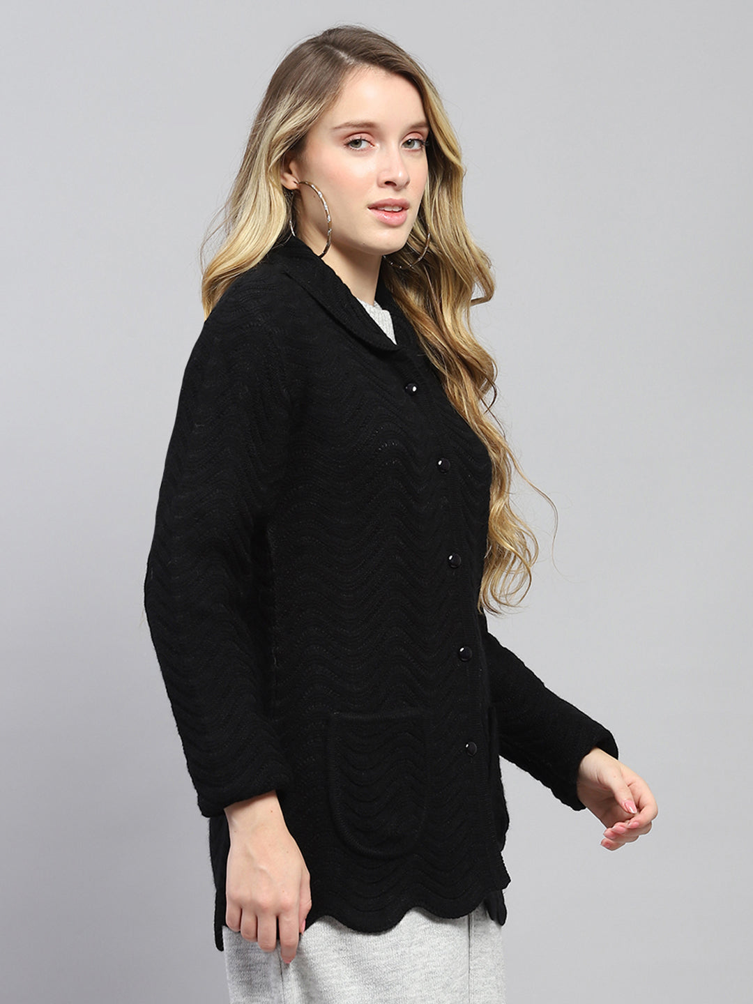 Women Black Self Design Collar Full Sleeve Cardigan