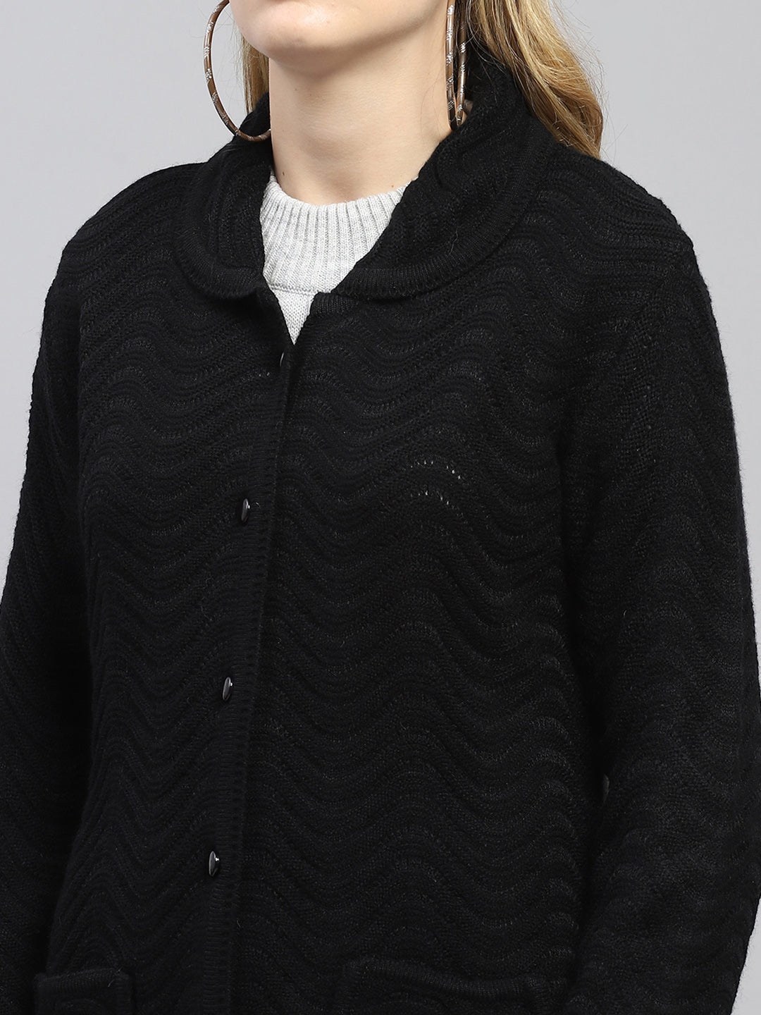 Women Black Self Design Collar Full Sleeve Cardigan