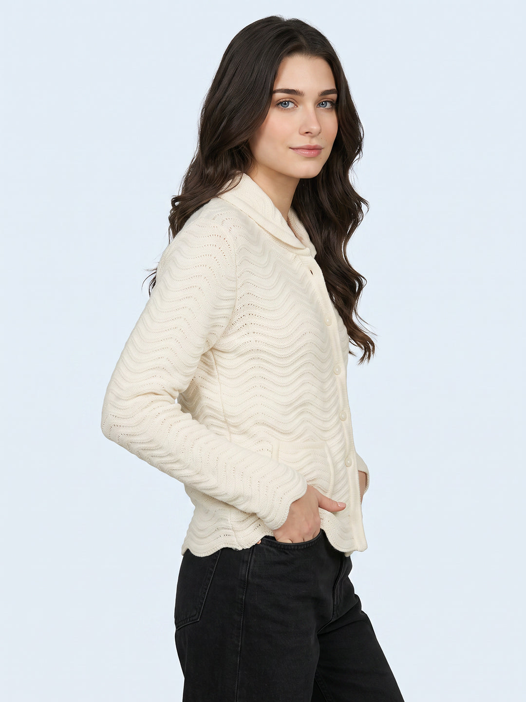 Women Off White Self Design Collar Full Sleeve Cardigan