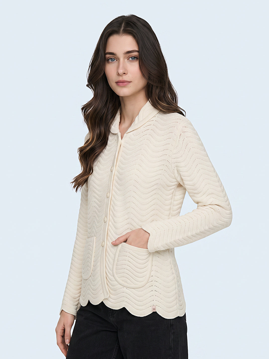 Women Off White Self Design Collar Full Sleeve Cardigan