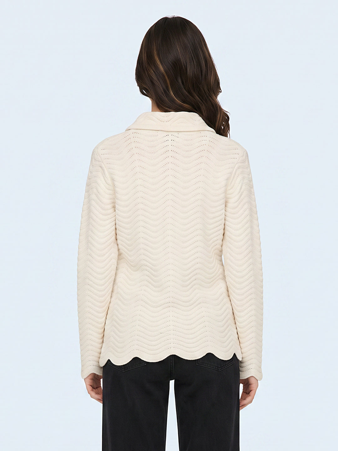 Women Off White Self Design Collar Full Sleeve Cardigan