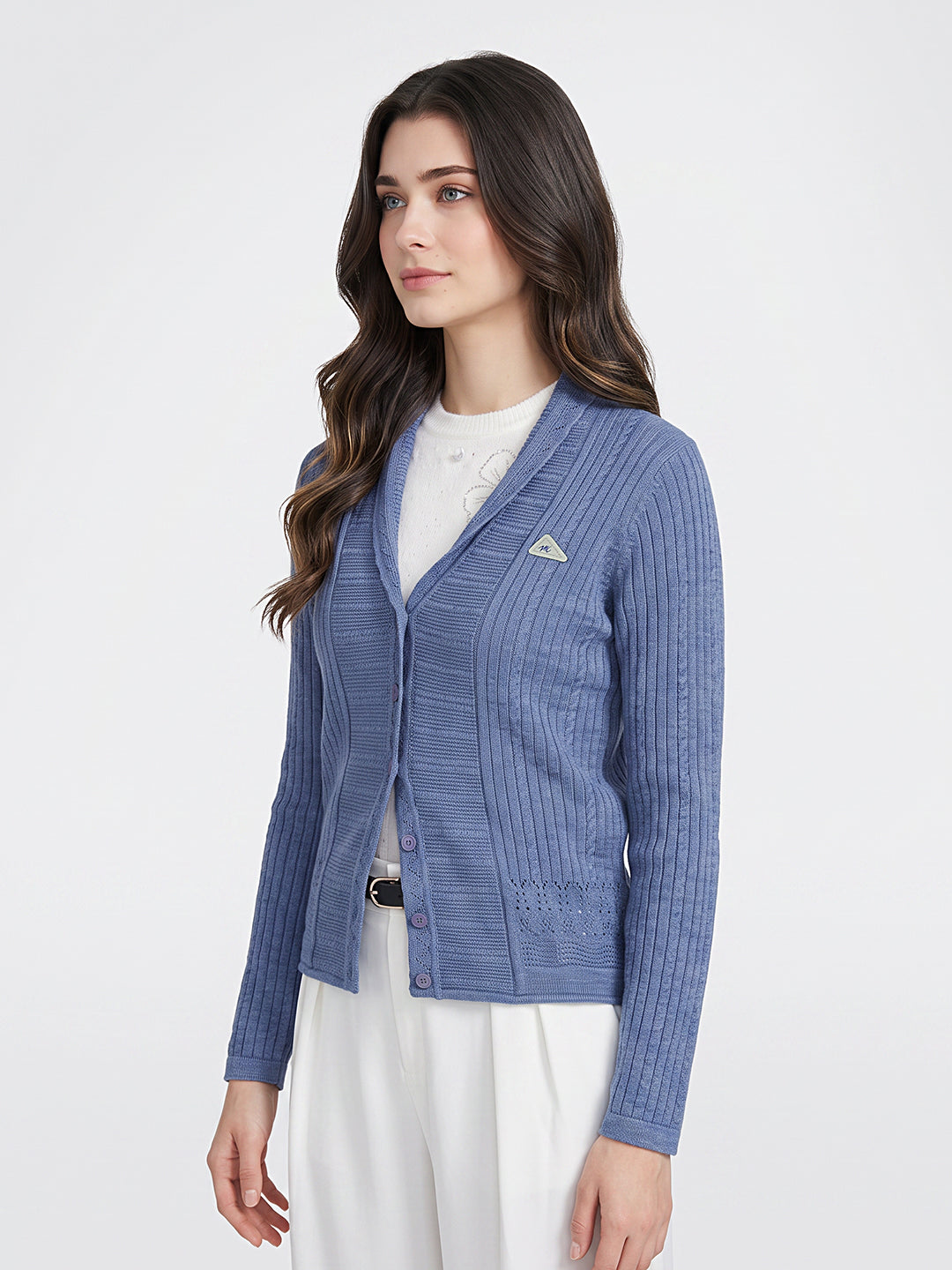 Women Blue Self Design V Neck Full Sleeve Cardigan
