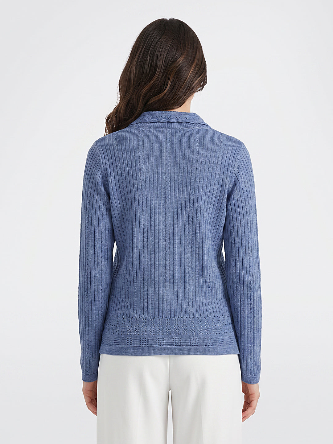Women Blue Self Design V Neck Full Sleeve Cardigan