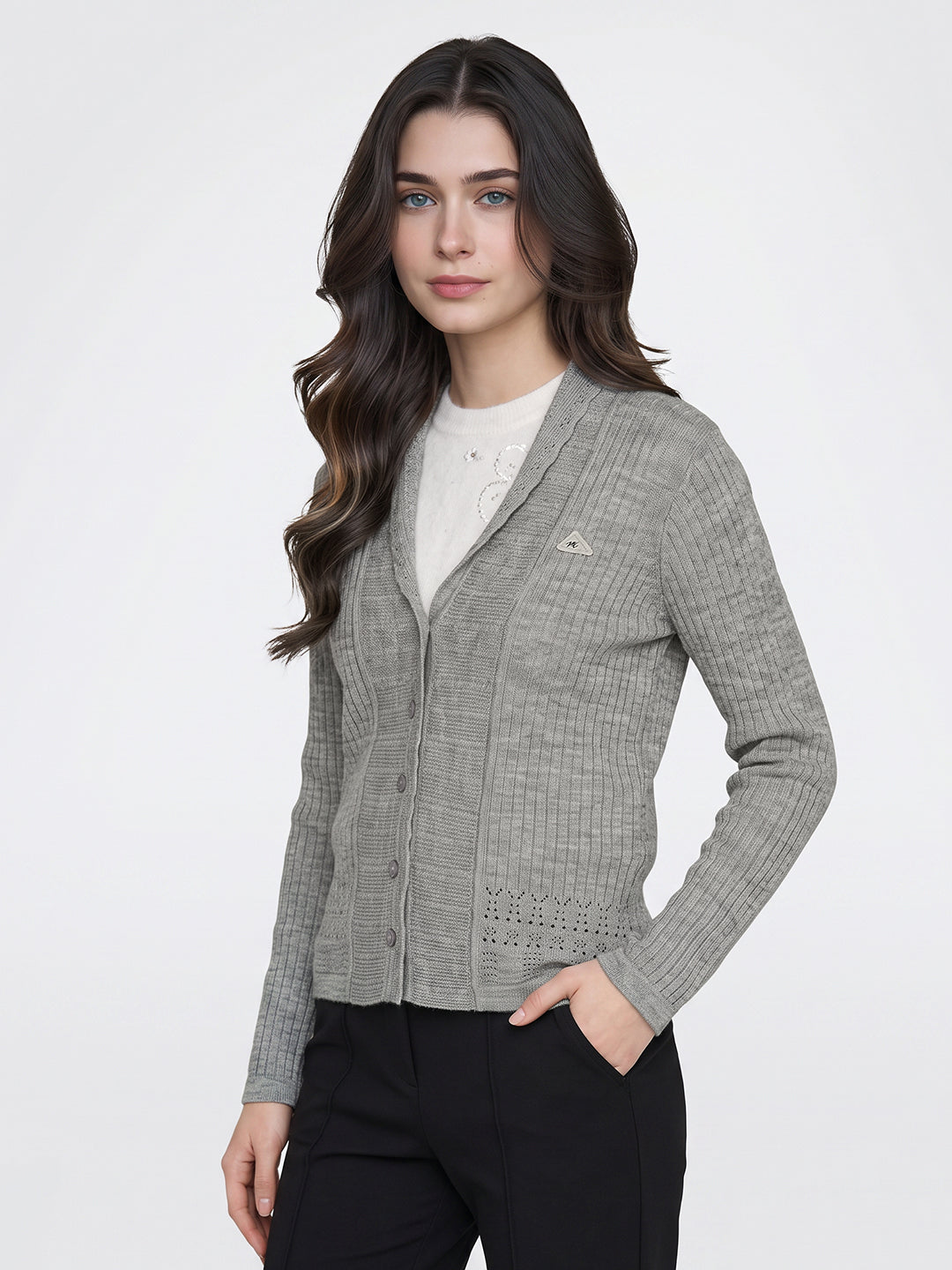 Women Grey Self Design V Neck Full Sleeve Cardigan