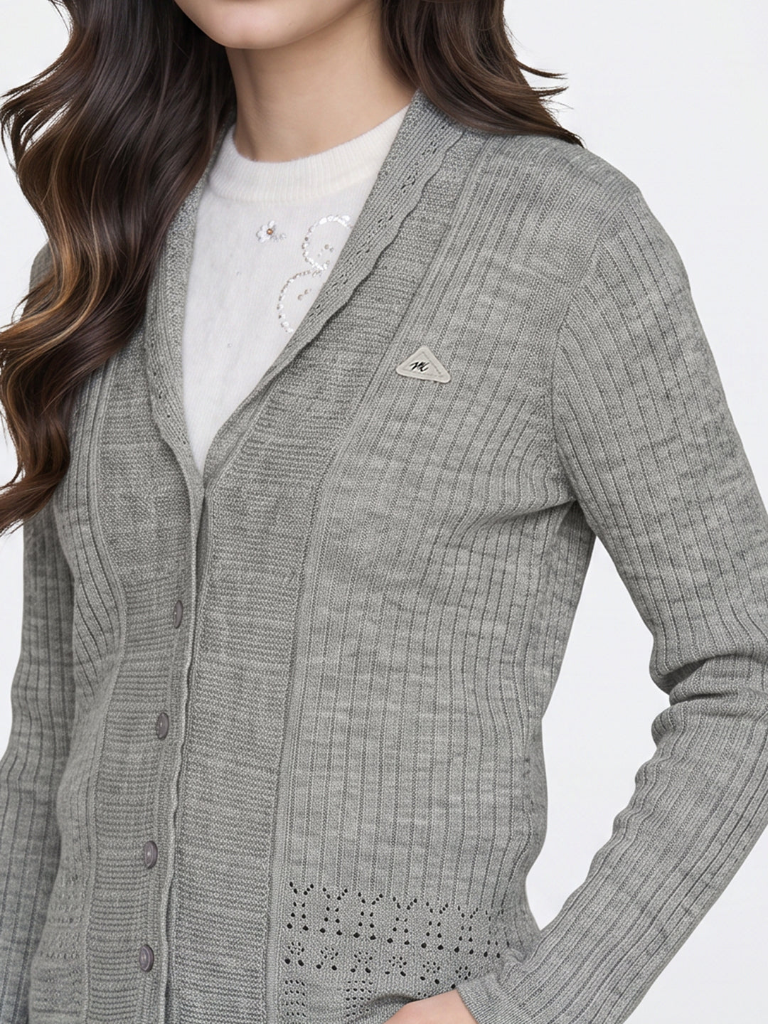 Women Grey Self Design V Neck Full Sleeve Cardigan