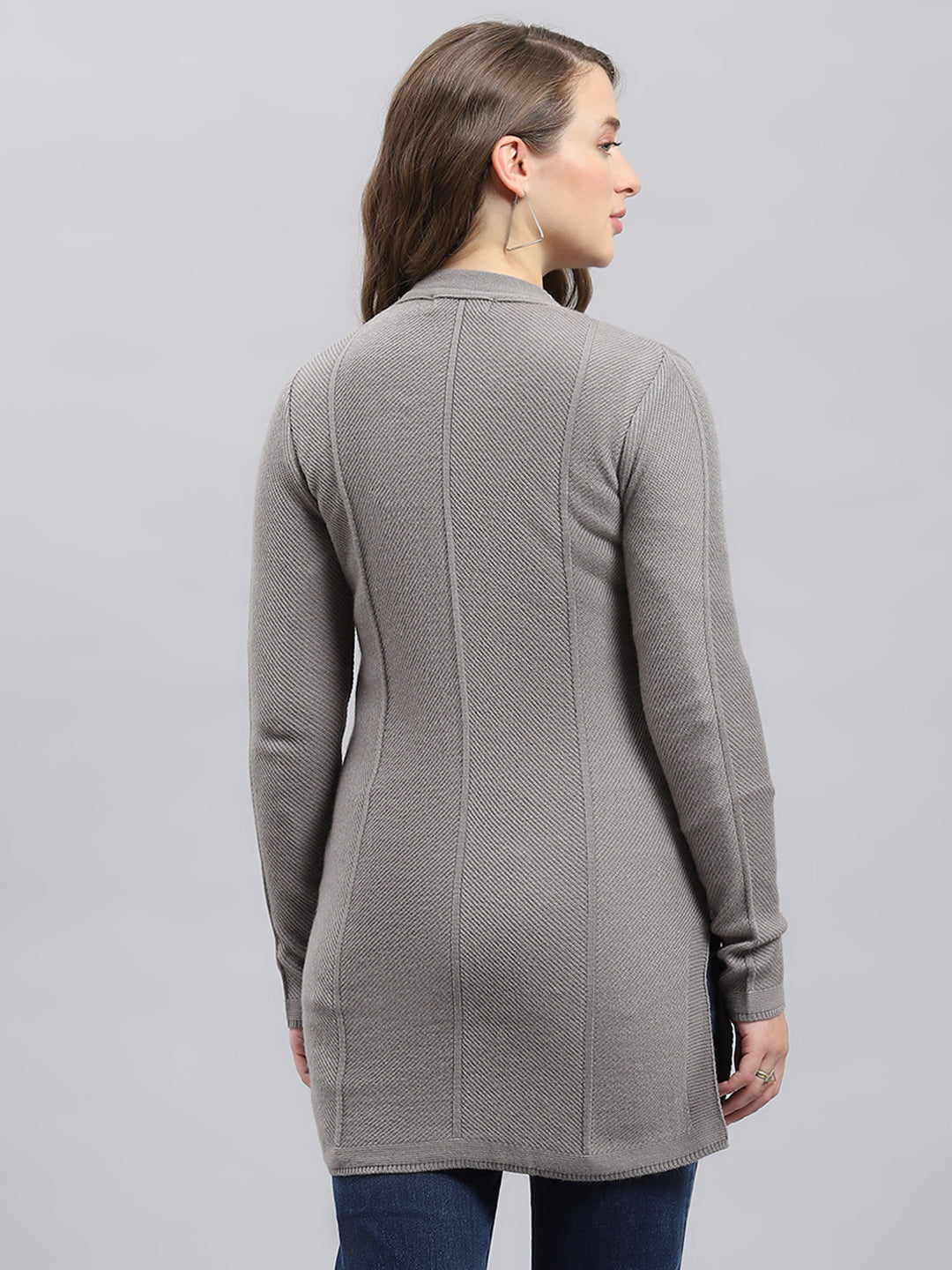 Women Grey Self Design V Neck Full Sleeve Longline Cardigan