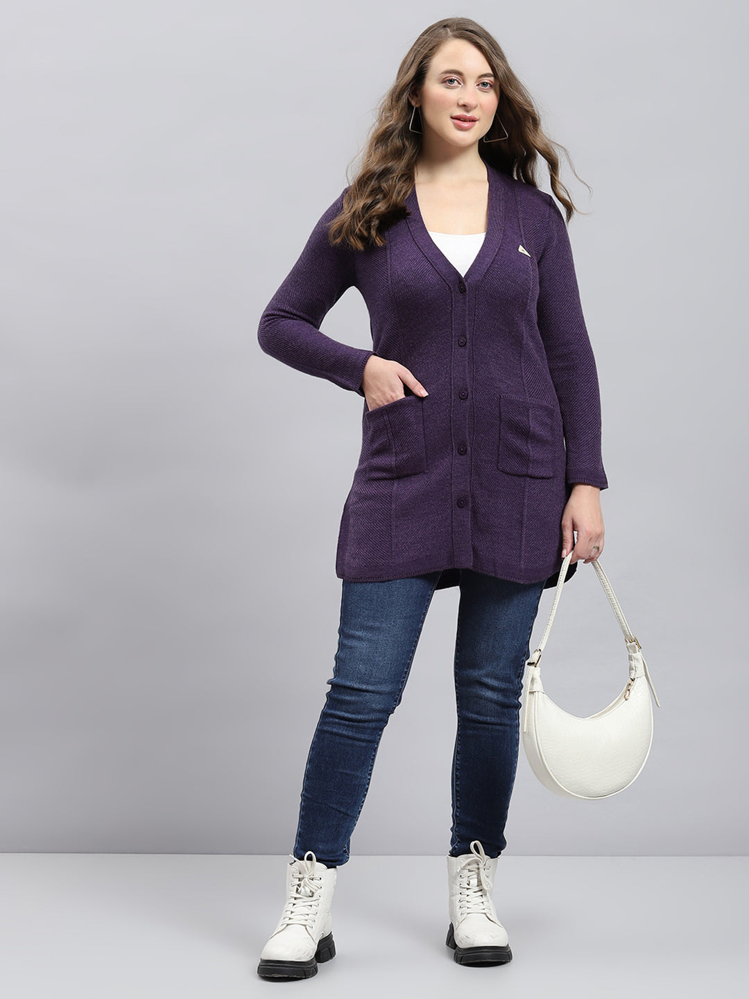 Women Purple Self Design V Neck Full Sleeve Longline Cardigan