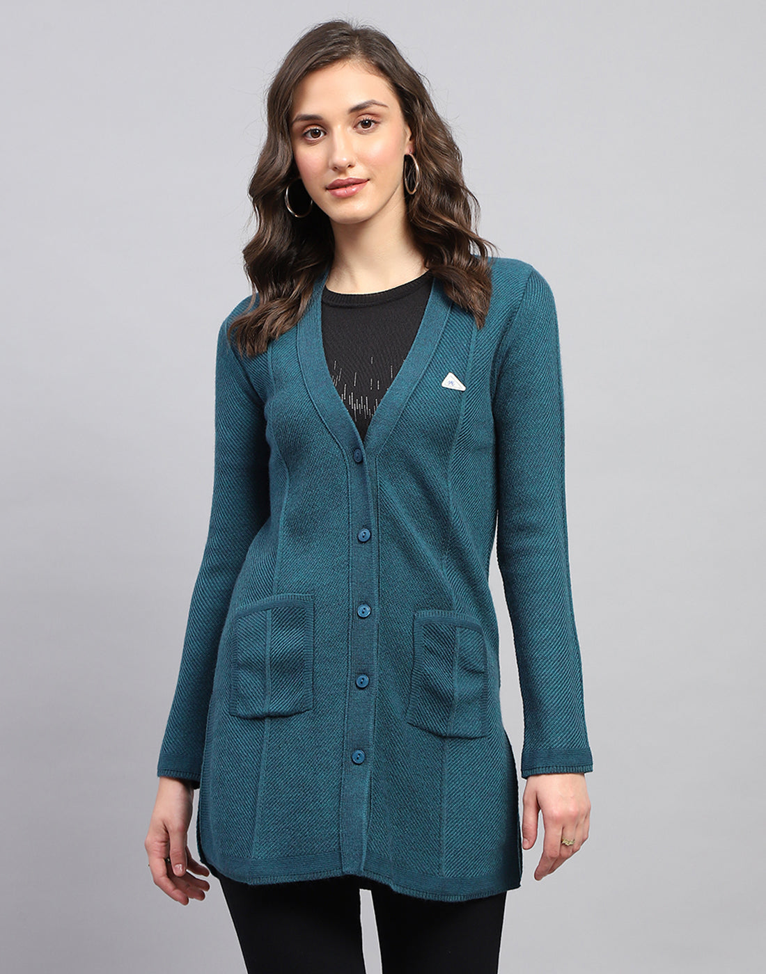 Women Teal Blue Self Design V Neck Full Sleeve Cardigan