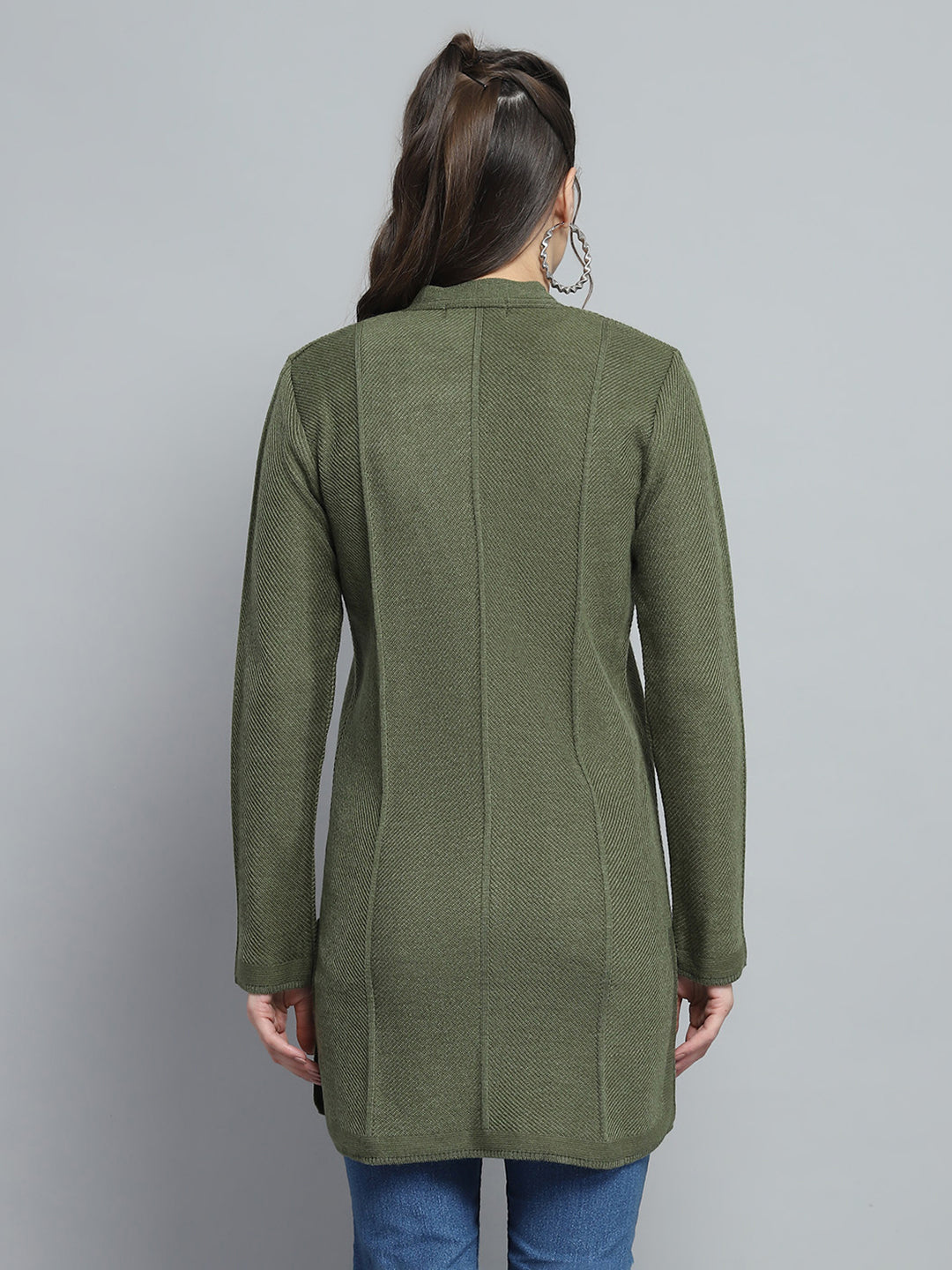 Women Green Self Design V Neck Full Sleeve Cardigan