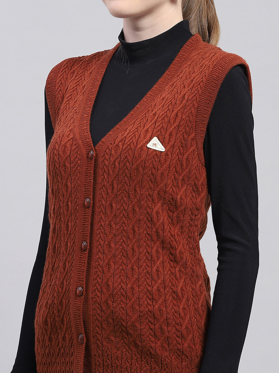Women Brown Self Design V Neck Sleeveless Cardigan
