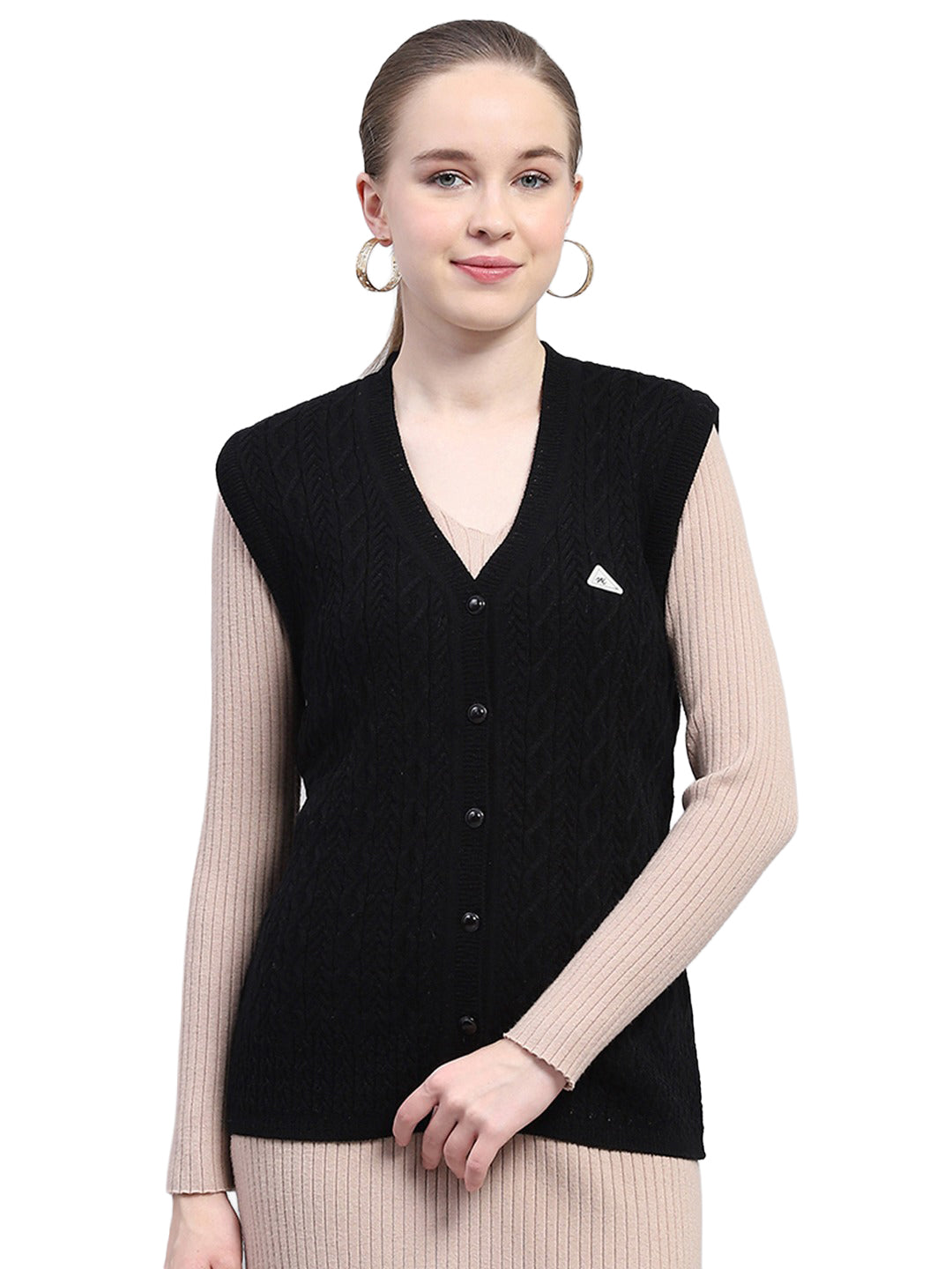 Women Black Self Design V Neck Sleeveless Cardigan