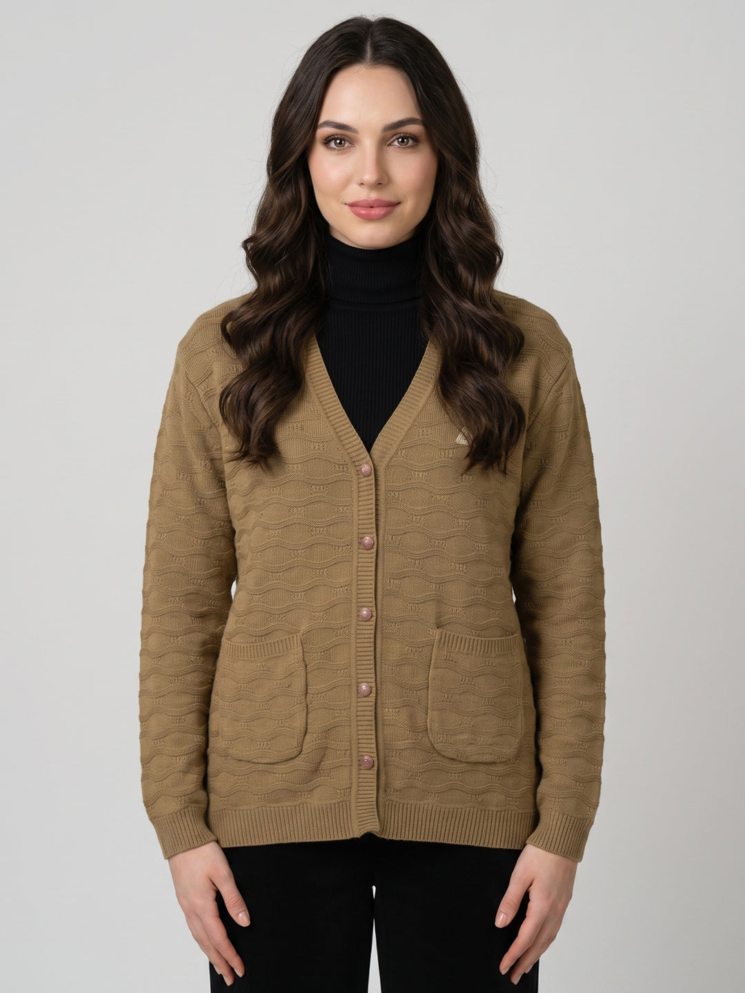 Women Camel Brown Self Design V Neck Full Sleeve Cardigan