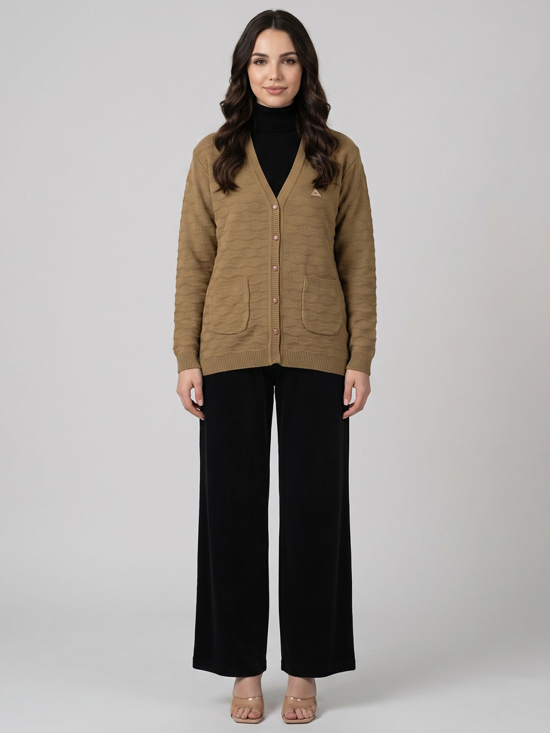 Women Camel Brown Self Design V Neck Full Sleeve Cardigan